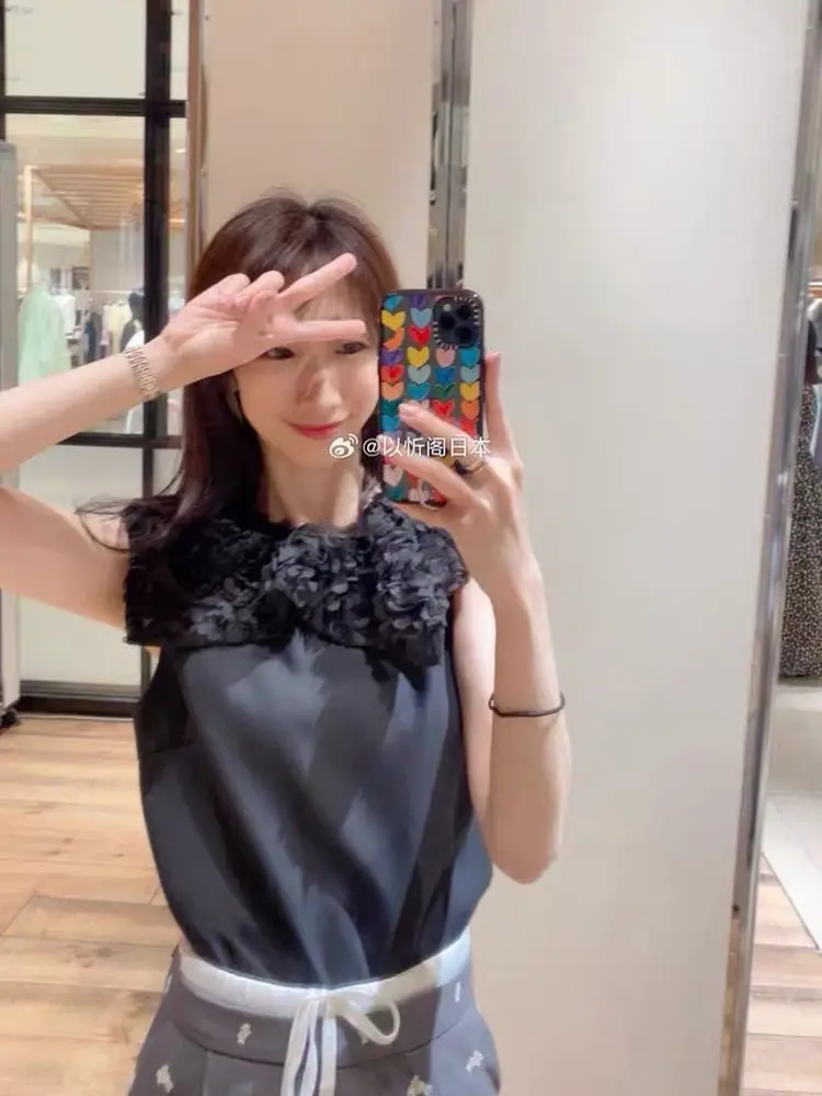 Japanese Style Casual Tees Flower Asymmetrical Lapel Sleeveless Top Summer Vest Solid Color Simple Elegant Women's Tops