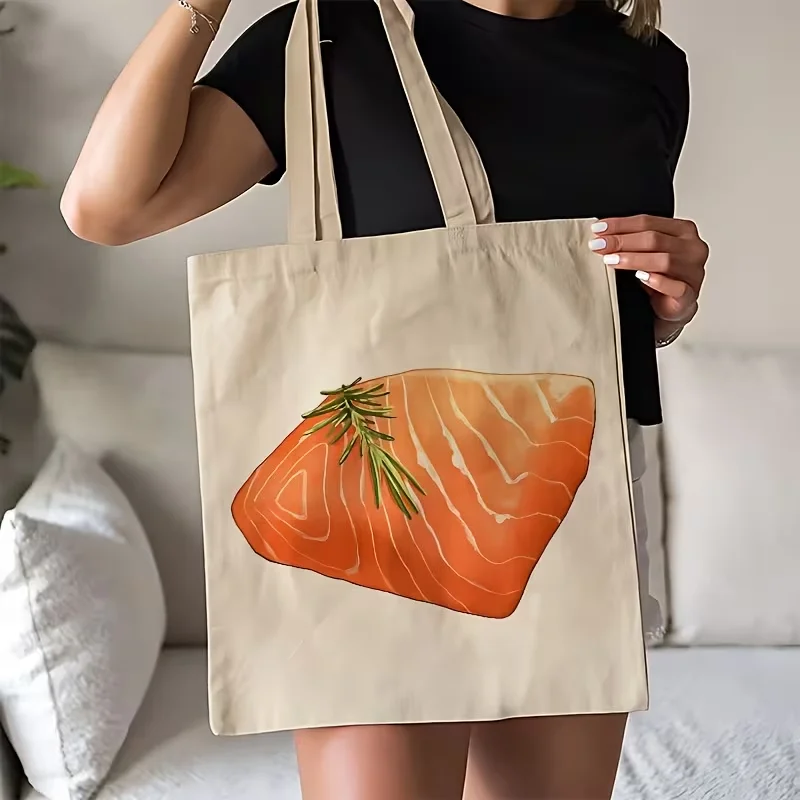 

Raw Salmon Rosemary Canvas Tote Bag Minimal Realistic Seafood Print Shoulder Handbag Simple Bag for Shopping Daily Casual