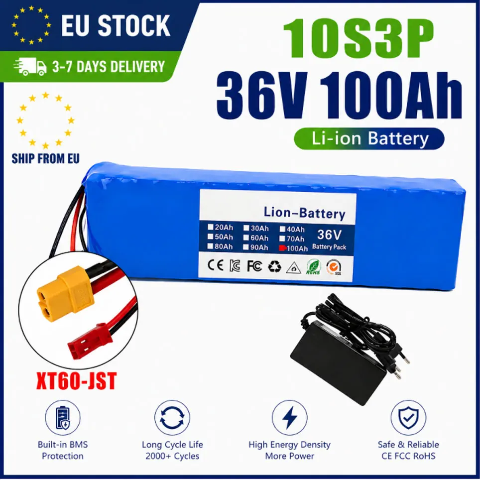 36V 100Ah 18650 Lithium-Akku-Pack 10S3P XT60‑JST-Anschluss 1000W mit BMS für E-Bike, modifiziertes Fahrrad, Elektroroller, Elektrofahrzeug, EU-Lagerbestand, Polen-Lager, 3‑7 Tage Lieferzeit