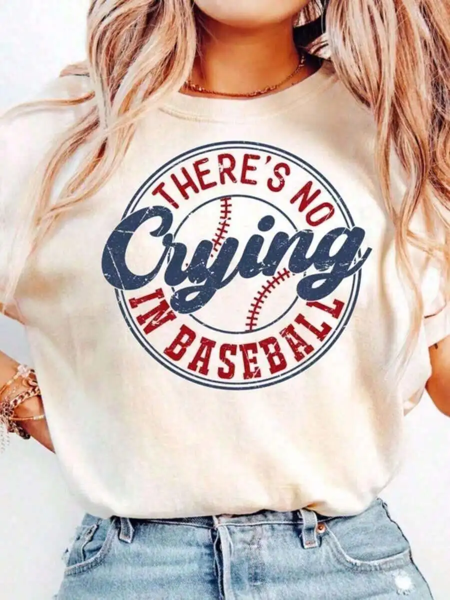 

Oversized Cotton Tee With Baseball Graphic Print Women Casual Short Sleeve Top