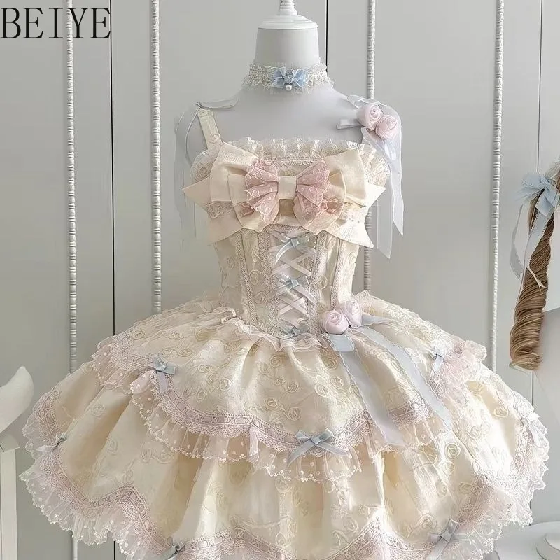 バレエプリンセスロリータフラワードレス-女性用-デイリーキャンディアプリコット-バースデードレス-女性用デイリーウェア-ロリータフェアリードレス