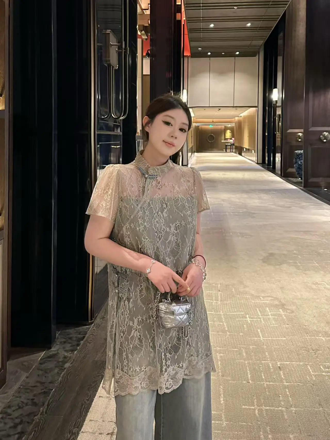 

Qiqi plus Size Women's Lace irt Stand Collar Faionable New Chinese Sle Summer 2025 Cotton Commute Sle ort Sve