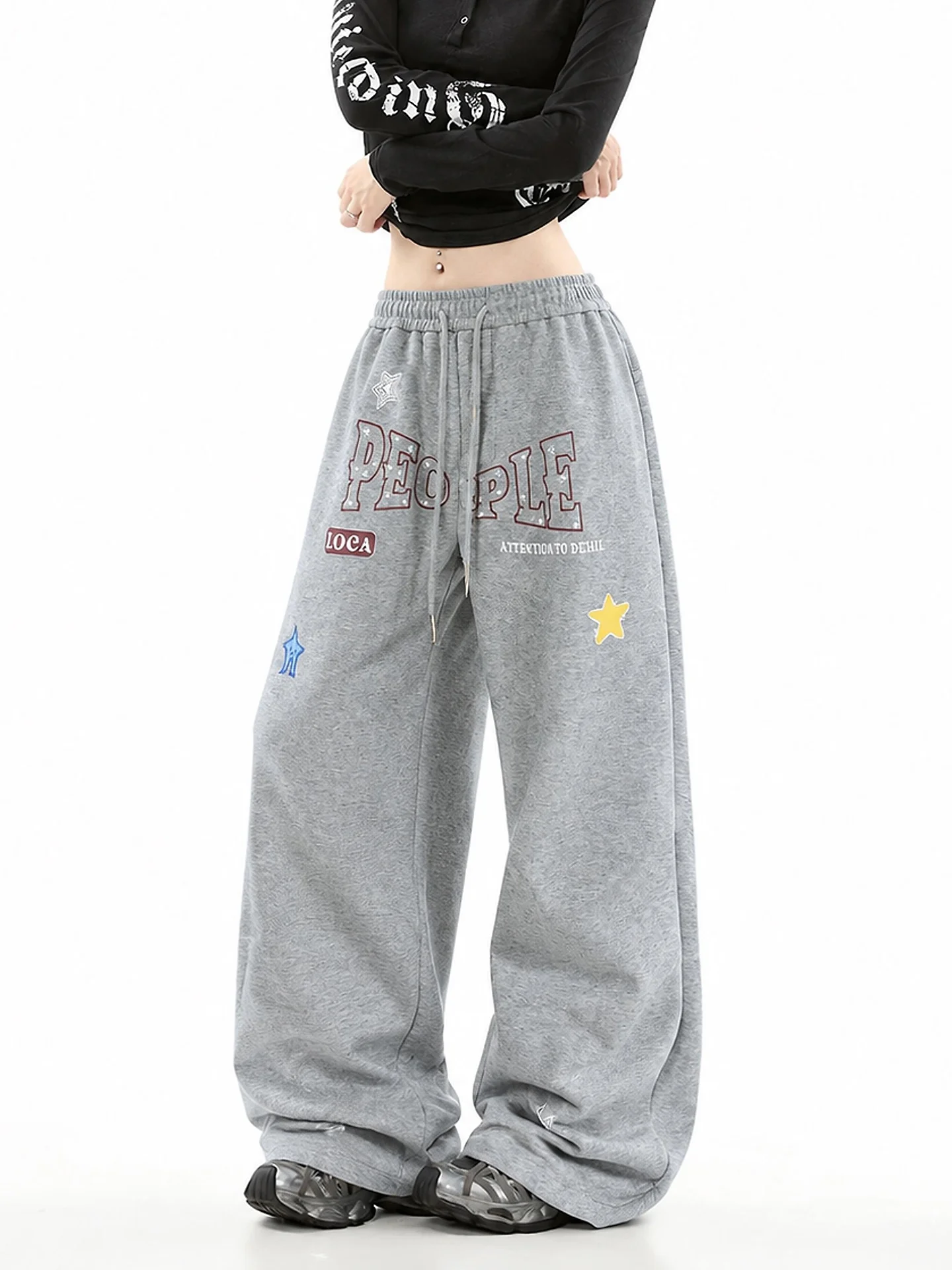 Gray Color Block Wide Leg Sweatpants Women's Loose Fit Trousers Ant Pattern Printed Comfortable Casual Straight Leg Pants