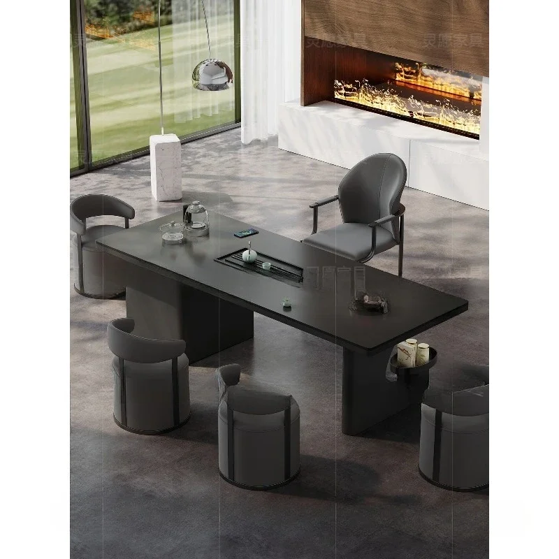 

Villa boss office integrated reception tea table light luxury modern high-end rock slab tea table and chair combination
