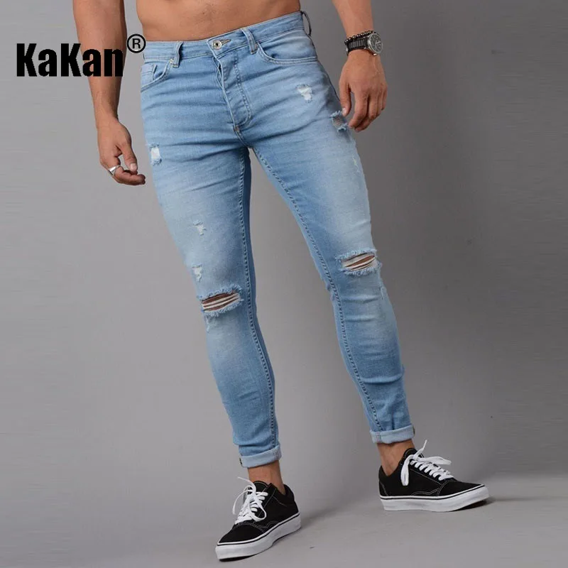 

Kakan - новые мужские перфорированные джинсы, модные и универсальные свободные эластичные джинсы Y2k с маленькими штанинами, джинсы мужского бренда