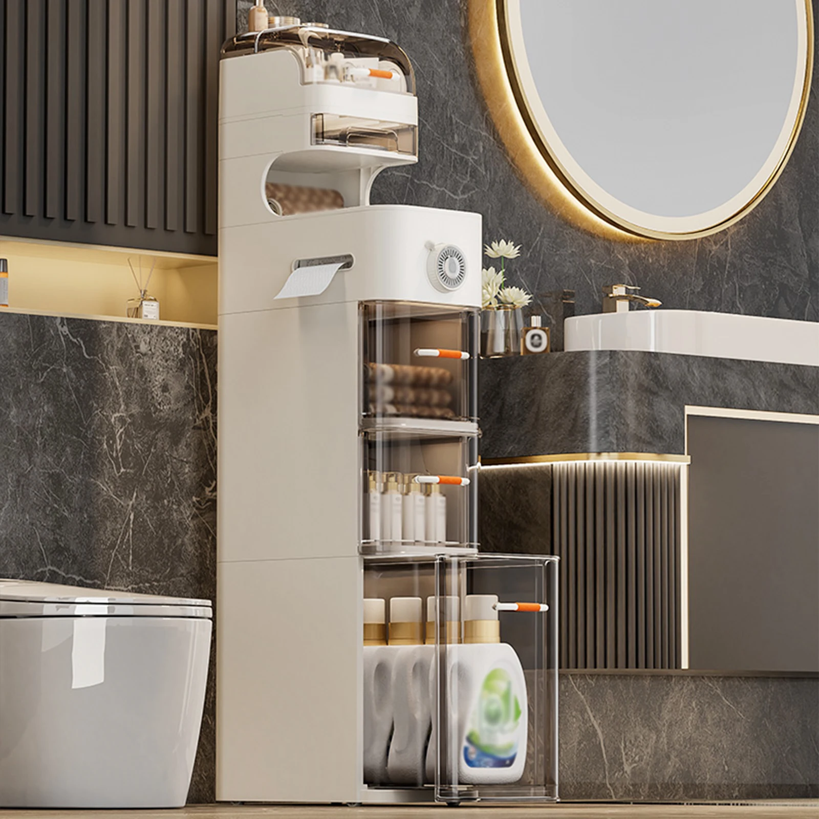 

Slim Movable Bathroom Cabinet,Plastic Drawer Cabinet with Wheels and Toilet Paper Holder, Storage Organizer for Small Spaces