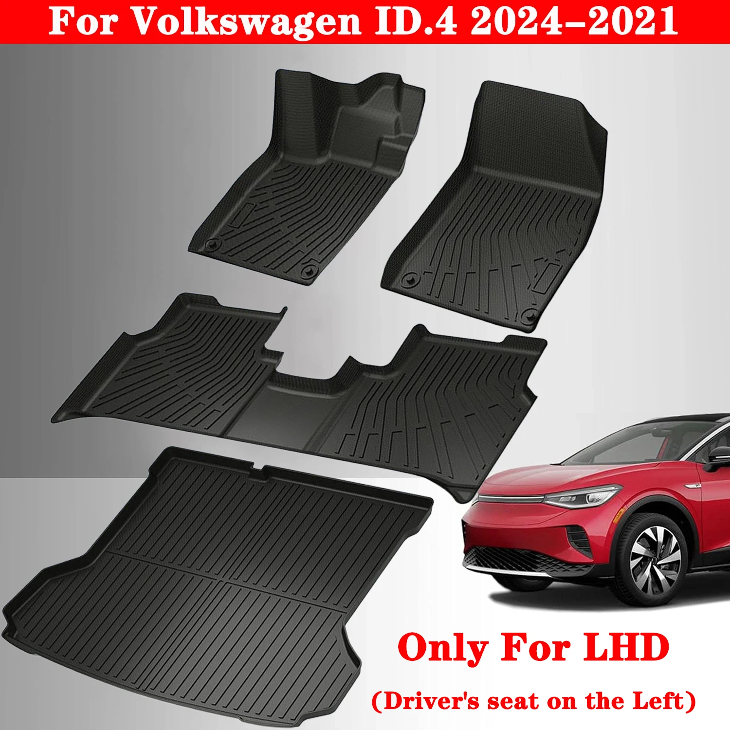 

For Volkswagen ID.4 2024 2023 2022 2021 LHD TPE Floor Mats and Cargo Liner, All Weather Waterproof ID4 Crozz Trunk Mat Foot Pads