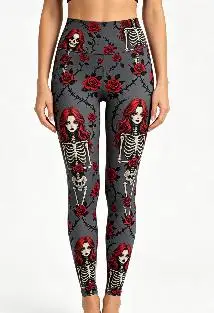 Women Mid‑Rise Fleece Lined Leggings, Vintage Red Rose Floral Full Print Slim Stretch Casual Daily Party Pants