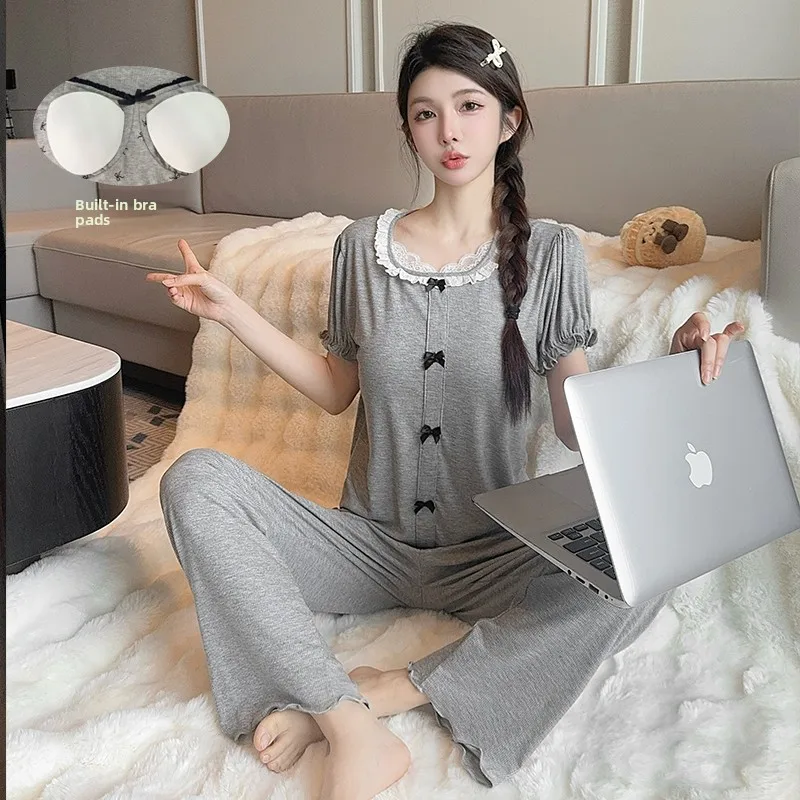 

Sexy Cute Lace No Pointh Modal with Chest Pad Spwear ort Sve Long Pants Home Clothes Set for Ladies Summer