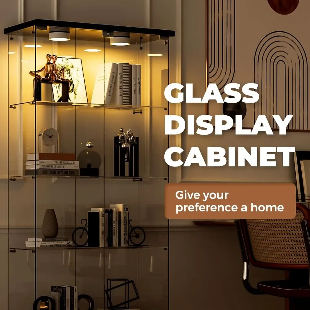 5-Shelf Glass Display Cabinet with Double Doors, Curio Display Case w/2 12-Color LED Lights & Remote, Tempered Glass Collection