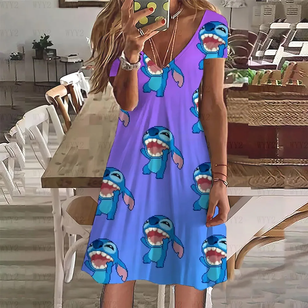 Elegantes und modisches, lockeres Sommer-Damen-Rollenspiel-Kleid mit V-Ausschnitt, lässiger und bequemer cooler Strandrock mit Disney-Stitch-Aufdruck