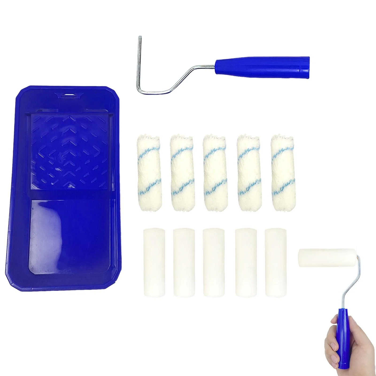 아크릴 섬유 롤러 커버 페인트 롤러 브러시 도구 키트, 파란색 페인트 트레이, 가구 문 페인팅에 적합