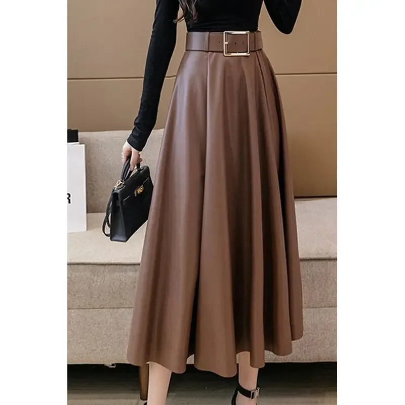 Women Vintage Solid Pu Leather Pleated Elegant Belt Midi Skirt Autumn Winter Fashion High Waist Large Swing A Line Skirts Faldas