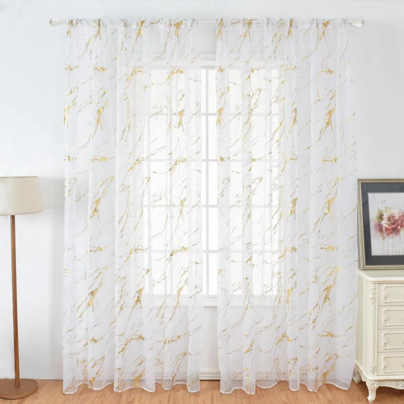 Marble Sheer Curtain 1 Panel for Living Room Bedroom Golden Silver Marble Modern Semi Transparent Voile Rod Pocket Window Gauze