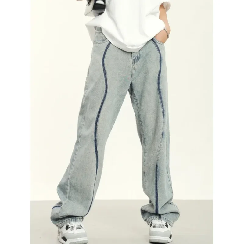 

Wide Leg Jeans Men Side Stripe Denim Panelled Full Length Loose Slouchy Fitness Cozy Spring Summer Vintage Youthful Vitality Ins