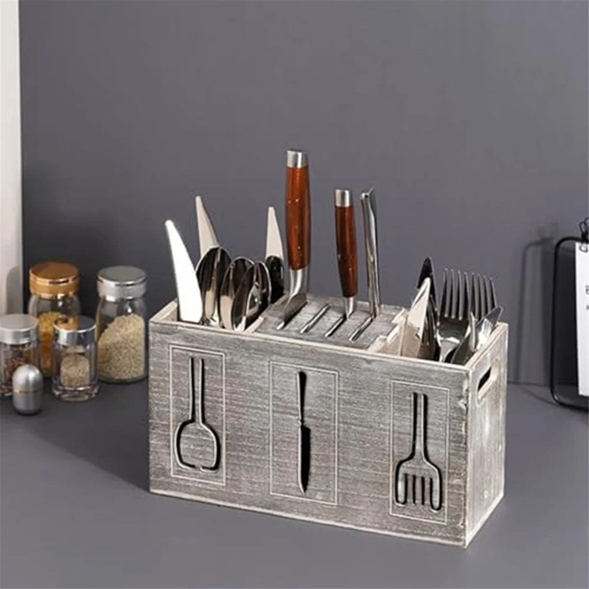 Rustic Wooden Flatware Organizer, 3 Section Kitchen Utensil Holder, Farmhouse Kitchen Cutlery Bin Countertop Storage Box