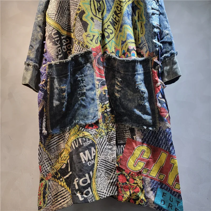 WTHT модное женское вязаное джинсовое длинное пальто с нерегулярным принтом, новинка лета 2021, женская куртка с большими карманами и лацканами 1LS2196