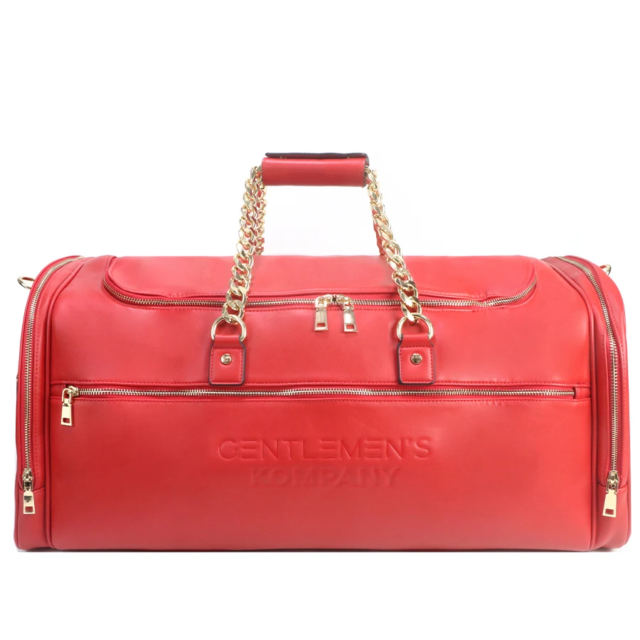 

Gorfia genuine red PU leather duffel bag gold chain handles multi-zipper spacious travel fitness business trip fashion suitcase