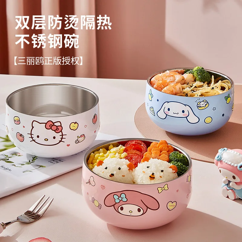 Hot Sanrios Hellokitty Cartoon Double-Layer Anti-Scalding Bowl Cinnamoroll Amine Anti-Fall Children's Bowl Household Tableware