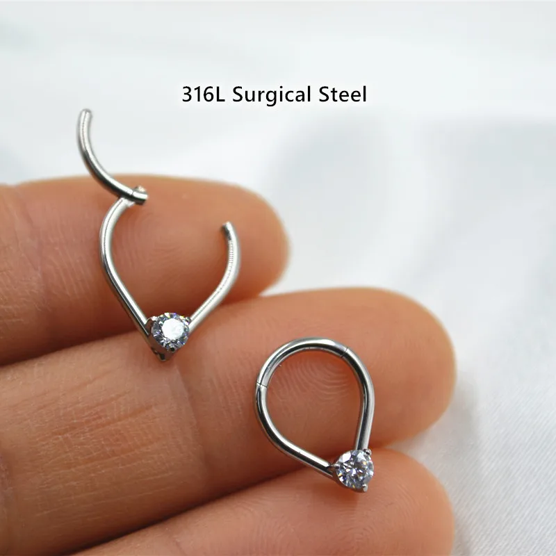 20pcs 316L Surgical Steel CZ Drop Nose Seamless Hinged Segment Ring Clicker Ear Cartilage Helix Rook Earring 16G Body Piercing