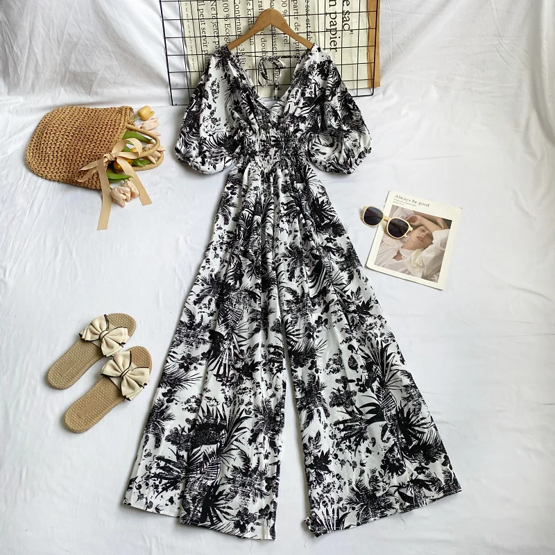 2023년 여름 빈티지 V넥 프린트 버블 소매 하이웨이스트 와이드 레그 점프수트 롱 팬츠 벨트 캐주얼 패션 여성...