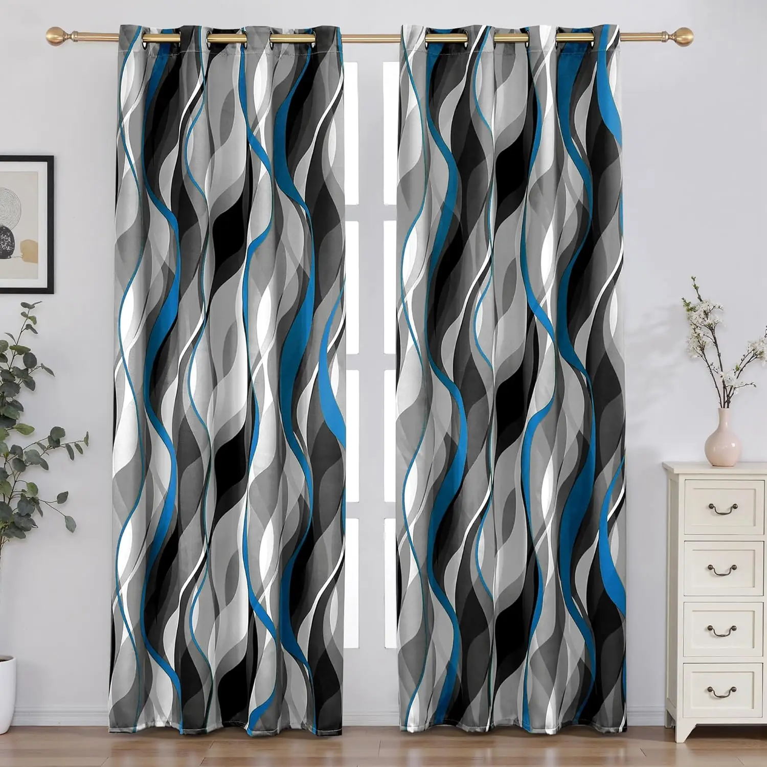 

Blue and Grey Blackout Curtains Modern Striped Decorative 100% Light Blocking Darkening Grommet Blue Curtain for Living