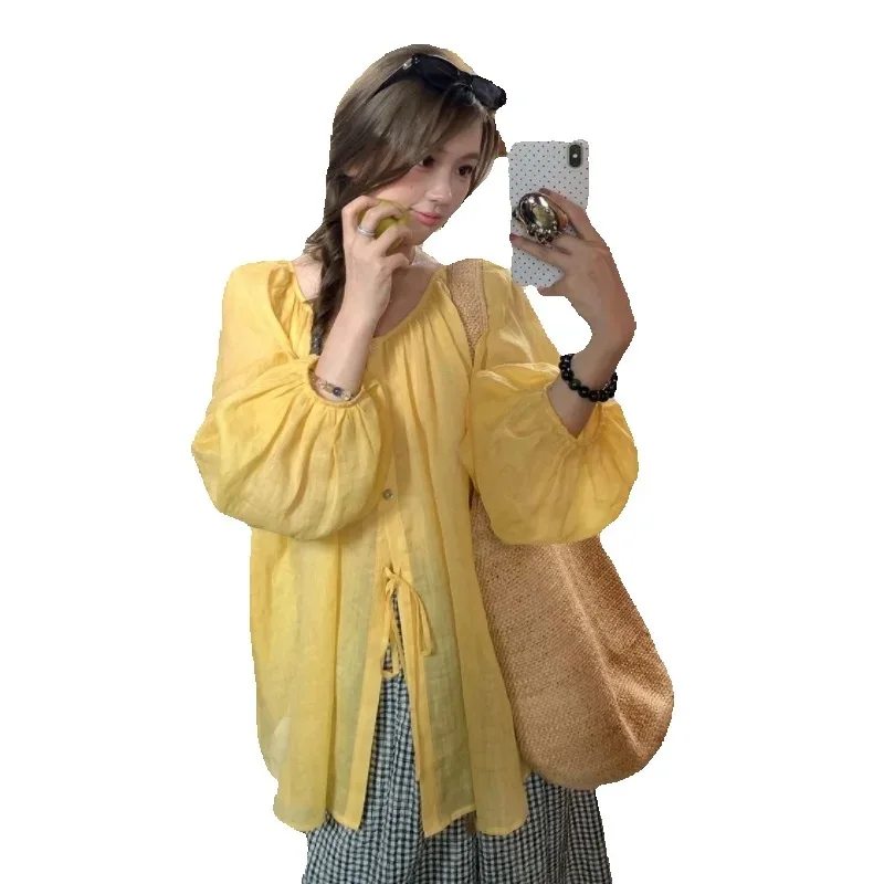 

Весенне-летняя тонкая солнцезащитная рубашка для женщин 2026: Новая модная свободная повседневная однотонная розовая кофта с рукавами-баллонами для женщин