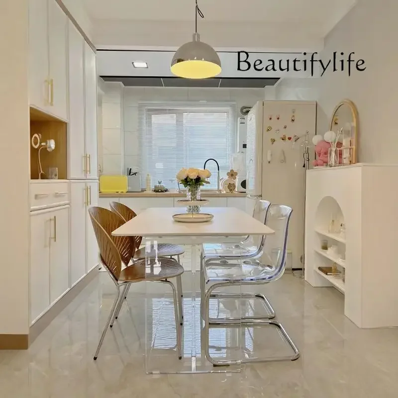 Acrylic suspended dining table rock slab light luxury modern pure white small apartment household minimalist cream  rectangular