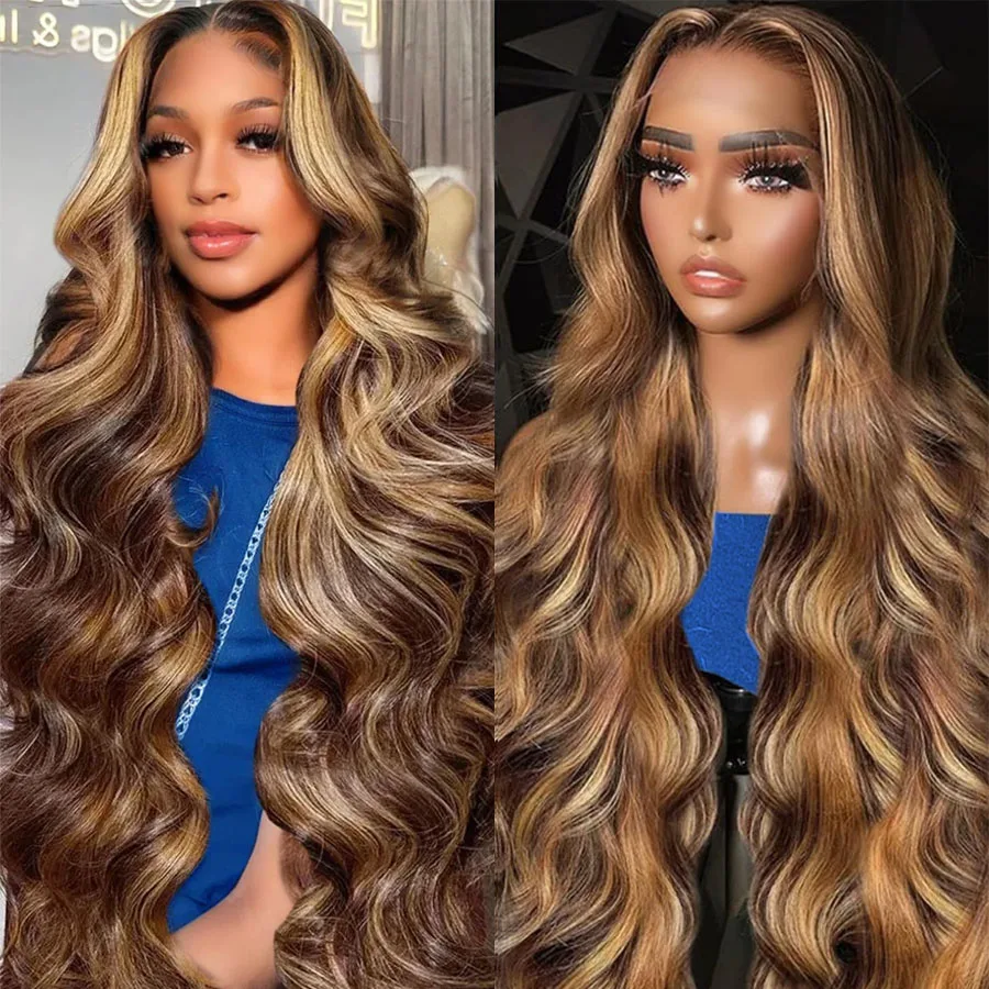 4/27 Highlight Color Body Wave Transparent Lace Closure Human Hair Wigs 5x5 Lace Closure With 180% Density Wig For Women