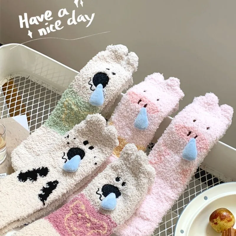 

Koala Pig Coral Fleece Socks Korea Snow Floor Socks Cartoon Sleep Socks Winter Home Confinement Leg Covers Carpet Slippers Socks