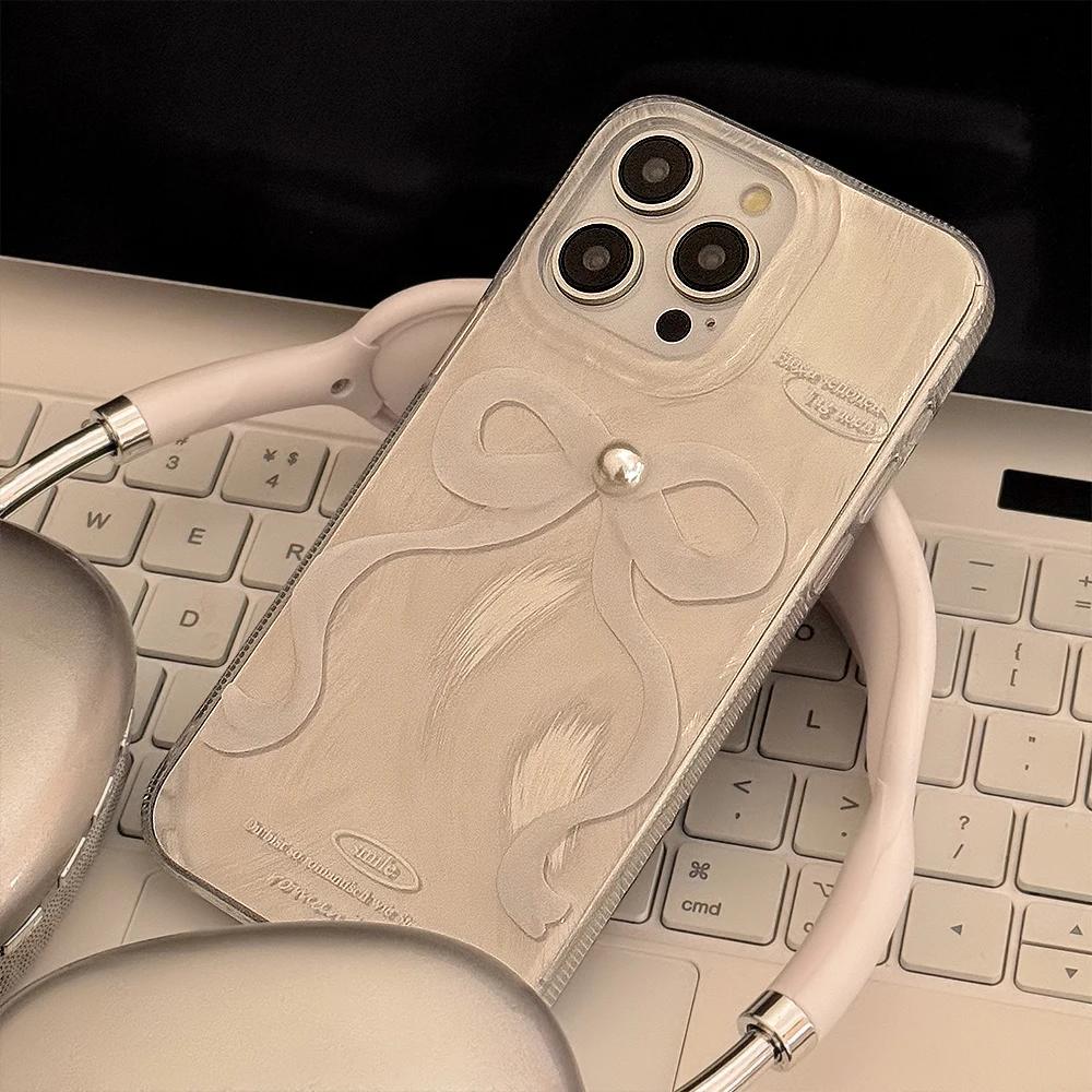 Ins Korea Cute Pearl White Bow Silvery Phone Case for iPhone 15 14 13 Pro Max 12 Pro 11 Back Cover image 3
