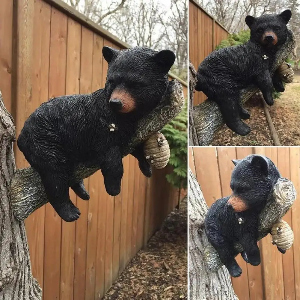 Easy Install Tree Decor Cute Black Bear Cub Garden Statue with Honeycomb Bee Accents Outdoor Yard Decor Tree Branch for Fence