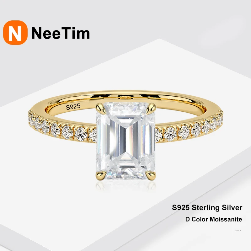 NeeTim 1ct-4ct Emerald Cut Full Moissanite Rings for Women S925 Sterling Silver Engagement Sparkling Wedding Ring Fine Jewelry