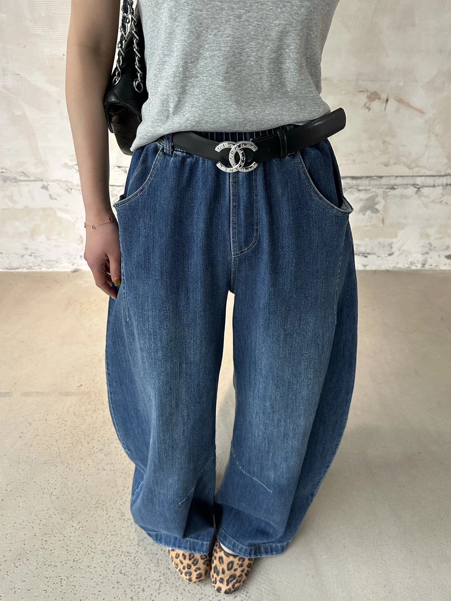 

Deep Blue Wide Leg Knife Denim Jeans Women's Loose Fit Versatile Slimming Elastic Waist Straight Leg Long Pants