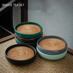 Vintage Coarse Pottery Teapot Tray Water Storage Kettle Mat Circular Ceramic Rattan Tea Mat Trays Tradition Teaware Accessories