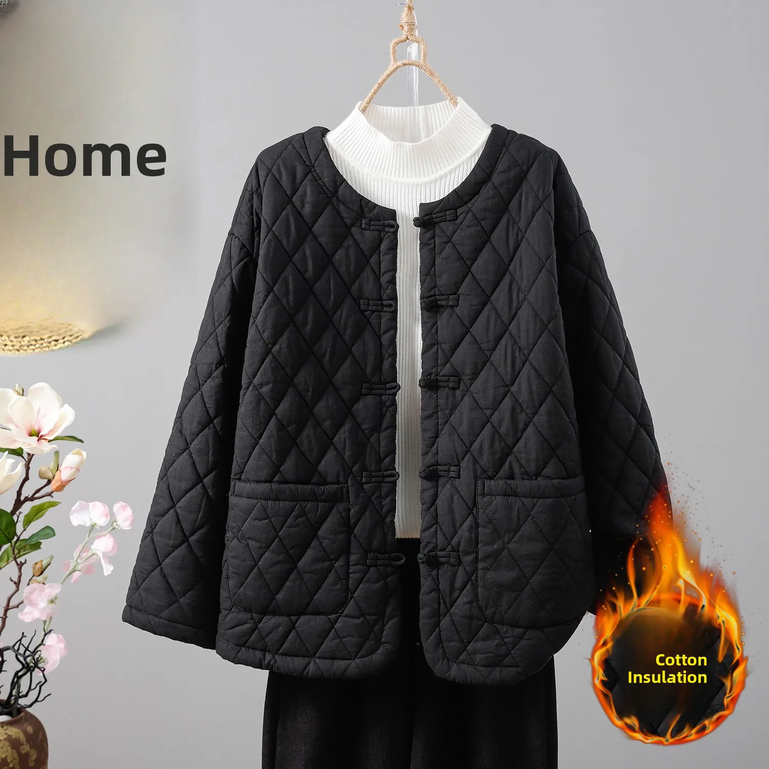 

Thiened Cotton Padded Jaet Women's Sle Retro Chinese National Wind Cotton Linen Diamond id Clip Cotton Warm Coat