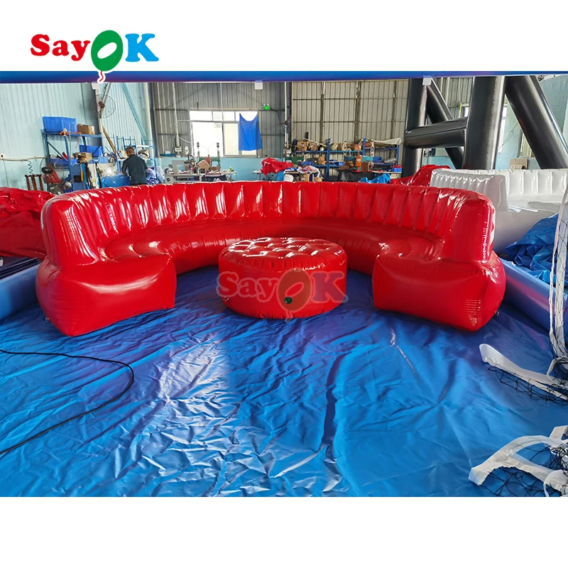 Coofull Customized Logo Red Half Circle Inflatable Airtight Sofa Furniture for Party, Inflatable Round Sofa With Table