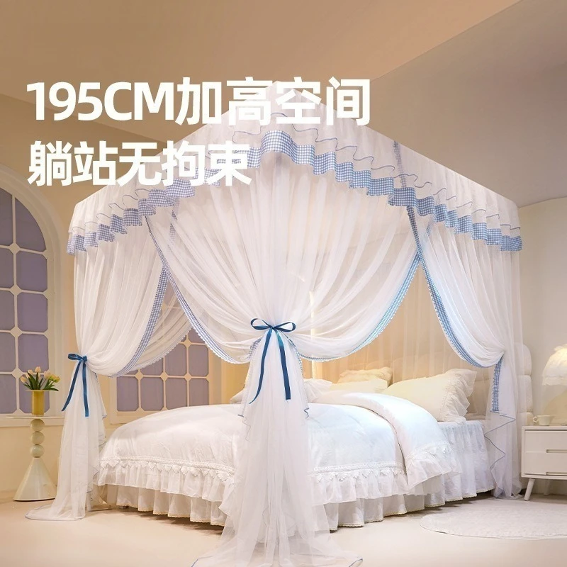 Blue & White Gingham Floor Standing Canopy – 3-Door Entry, Thickened Mesh, Elegant Design, Fits 1.5m/1.8m Beds