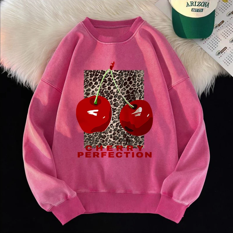 Leopard And Cherry Washed Sweatshirts Women Fresh Fruits Prints Pullover Oversized Crewneck Cotton Clothes Casual Woman Hoodies