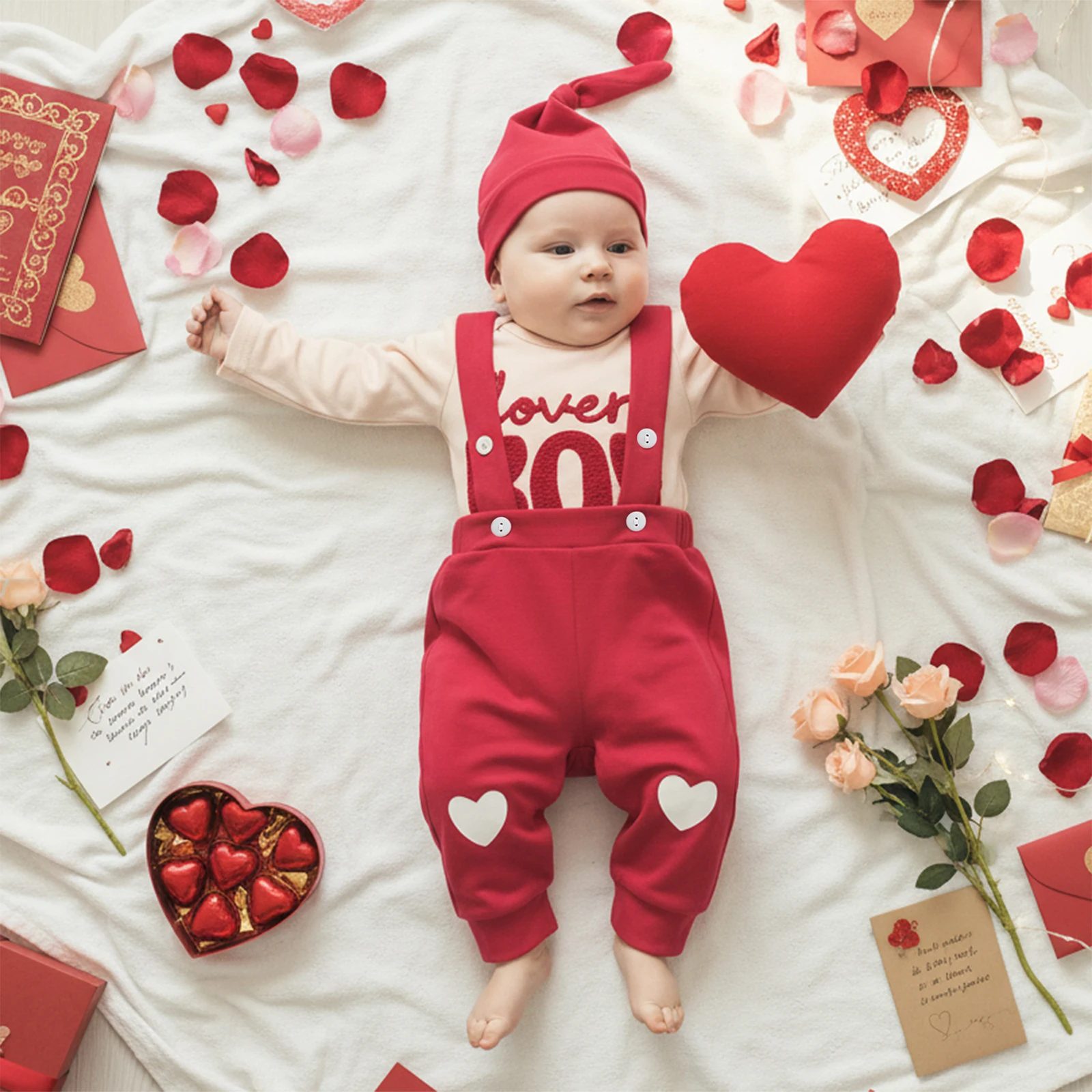 Baby Boy's Valentines Clothing Sets Cute Letters Embroidery Long Sleeve Romper with Overalls, Hat 3Pcs Outfits