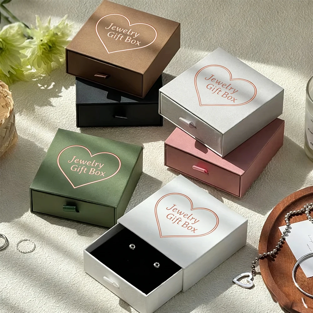 

100 шт. подарочных коробок с выдвижным ящиком для украшений, с индивидуальным логотипом, картонные коробки для хранения колец, серег, ожерелий, гвоздиков