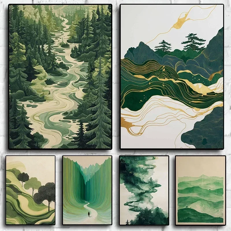 (No frame)(No frame)Minimalist Green Abstract Nature Landscape Rolling Hills and Trees Botanical Poster Canvas Painting Wall