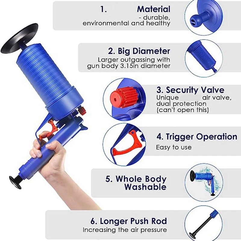 Blue Drain Clog Remover With 4 Suction Cups, High Pressure Exhaust, Bathroom, Kitchen, Clogged Pipe Tub Cleaning Blue