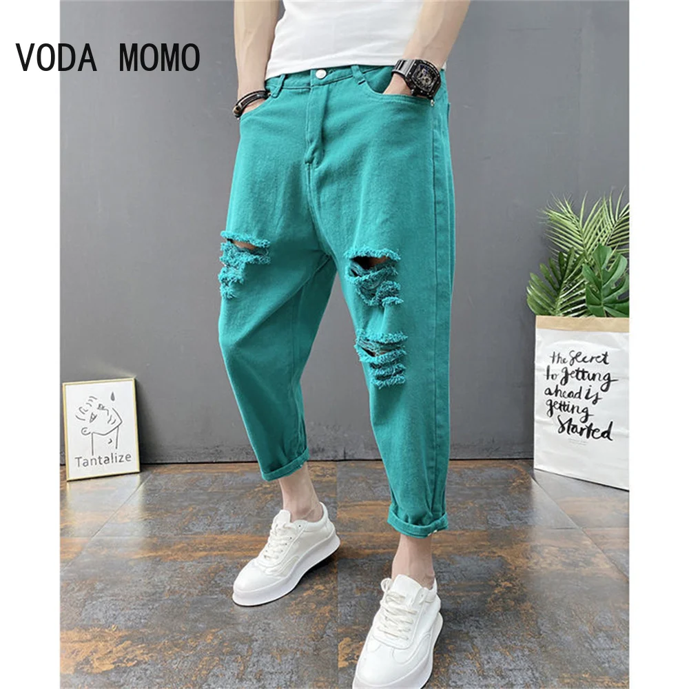 Japanese Trend New Men's Ripped Hole Jeans White Green Black Ankle Length Youth Fashion Loose Denim Harem Cargo Pants