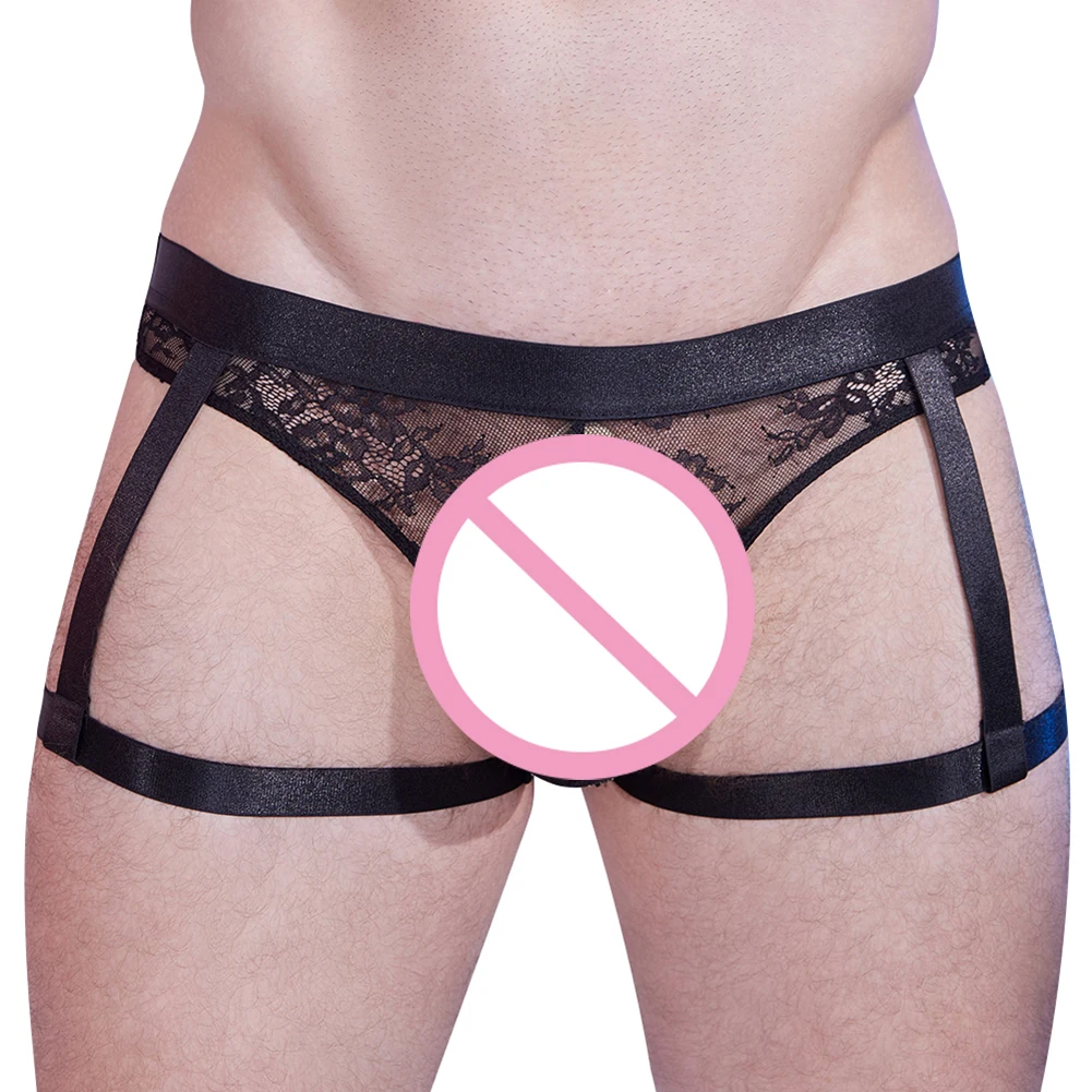 1pc Mens Sheer Lace Thong Sexy T Back Low Rise Leg Belt Panties Buttocks Hollow Underwear Buttocks Sissy Lingerie