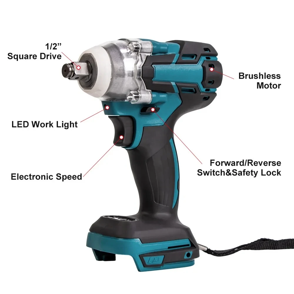 18V 520Nm Brushless Cordless Electric Impact Wrench 1/2 inch Wrench Screwdriver Power Tools Compatible for Makita 18V Battery