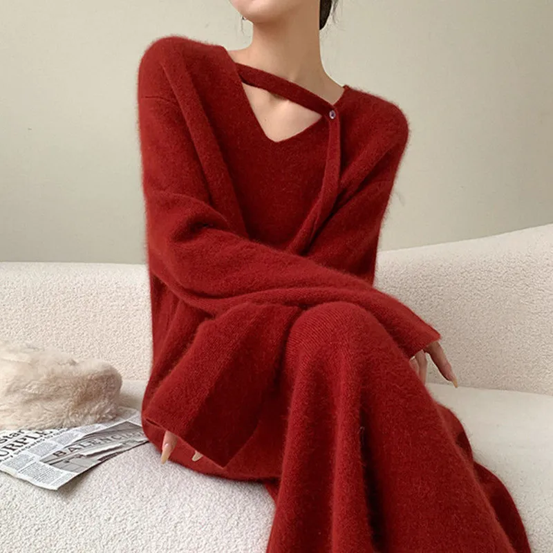 Artificial Mink Fleece Knitted Long Dresses Women Autumn Winter New Casual V-neck Loose Sweater Dress Simple All-match Vestidos