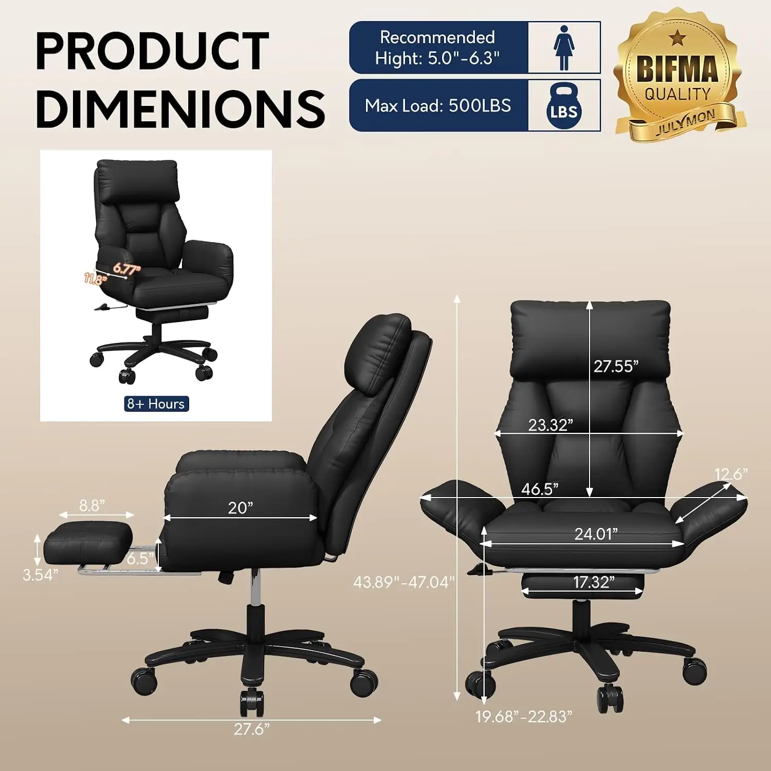 Cross Legged Office Chair Pet Friendly Wide Seat Plus Size Desk Chair With Foot Rest Reversible Armrest, Black, Customized