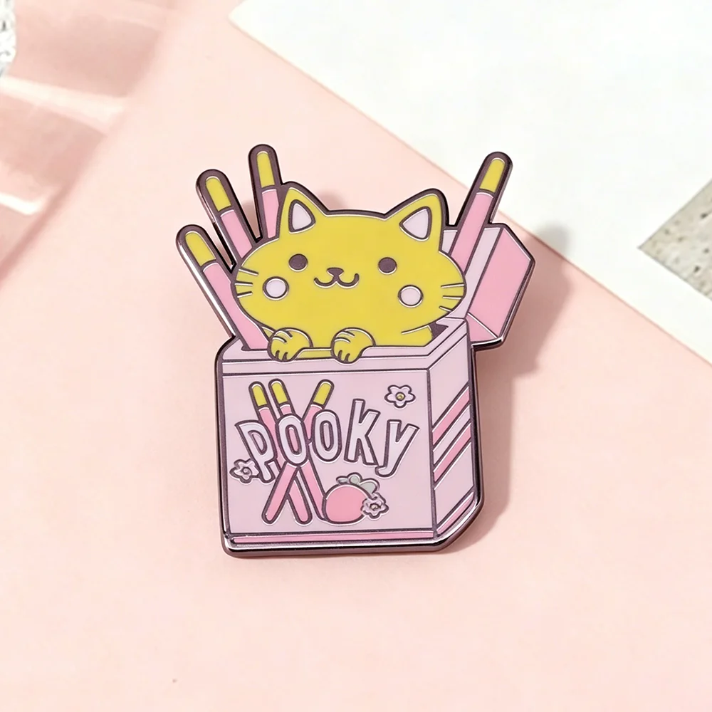 Pink Snack Box Cute Cat Enamel Pin Adorable Pooky Cat Brooch Cartoon Cookie Stick Badge Backpack And Clothing Accessories Lovers