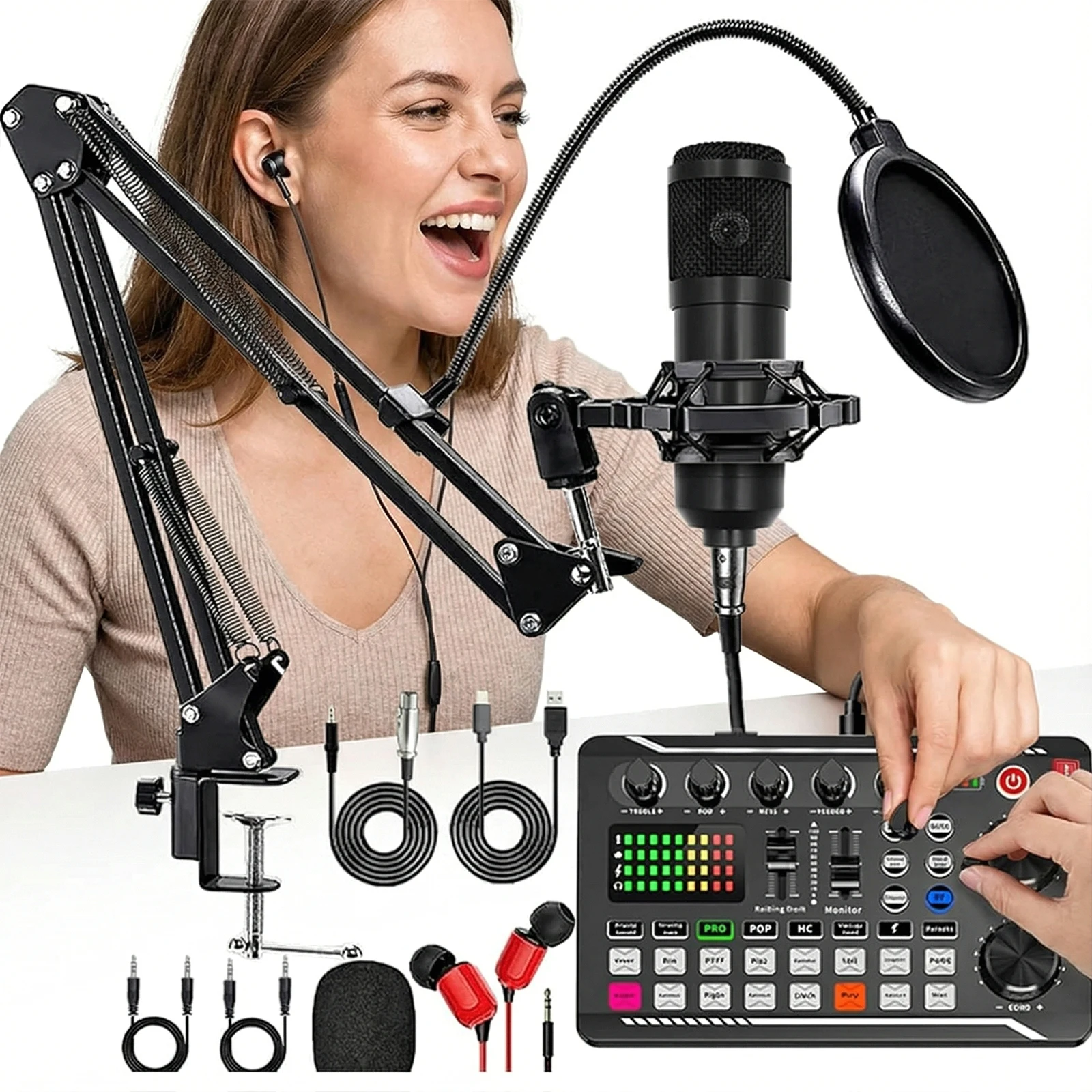 

Микрофон для подкастов с звуковой картой, аудиомикшером, шумоподавлением, DJ-микшером, изменителем голоса, студийный конденсаторный микрофон Type-C